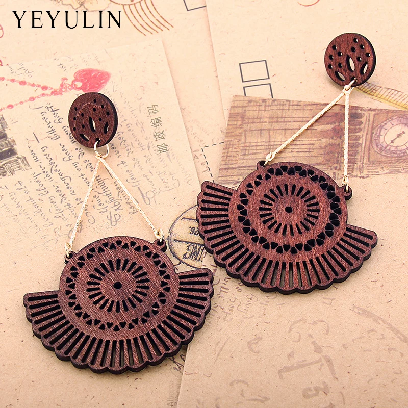 

New Arrival Bohemian Wooden Fan Sector Hollow shaped Long Earring For Women Girl Ear Jewelry