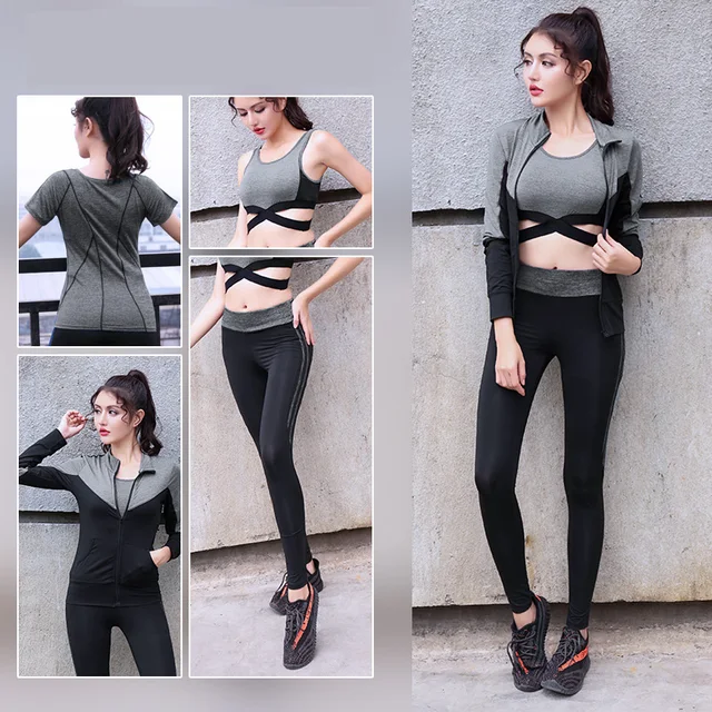 Quick Dry Yoga Set 4 PCS Workout Tight Sexy Top Sport Suit Gym Running Shirt Pants Sport Bra Women’s tracksuit