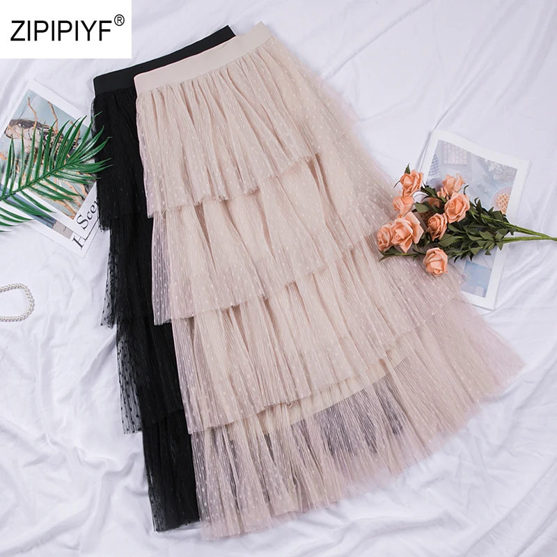 

Sweet Cakee Layered Long Mesh Skirts Princess High Waist Ruffled Vintage Tiered Tulle Pleated ins Skirts