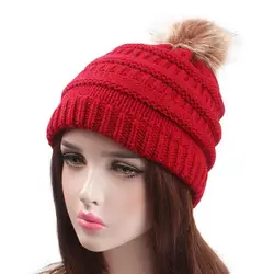 Трикотажная шапка Для женщин Pom Hat осень шапочки для дам красный черный, белый цвет помпон мех зимние Кепки осенние зимние вязаные шапки Femme F3
