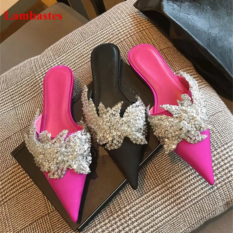 Diapositives Appartements Fleur De D'été Mujer Bout Coudre À Pantoufles Cristal Rouge Pointu Pic Pour As Bling as Chaussons Pic Rose Luxe Designer Femmes Zapatillas zwqHwU