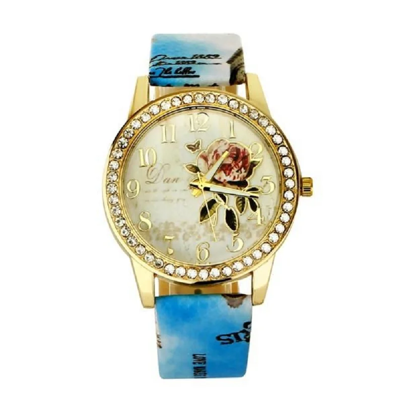 Reloj mujer, женские часы с розами, с узором, с циферблатом, женские наручные часы, кожаный ремешок с граффити, женские часы, relogio feminino - Цвет: Синий