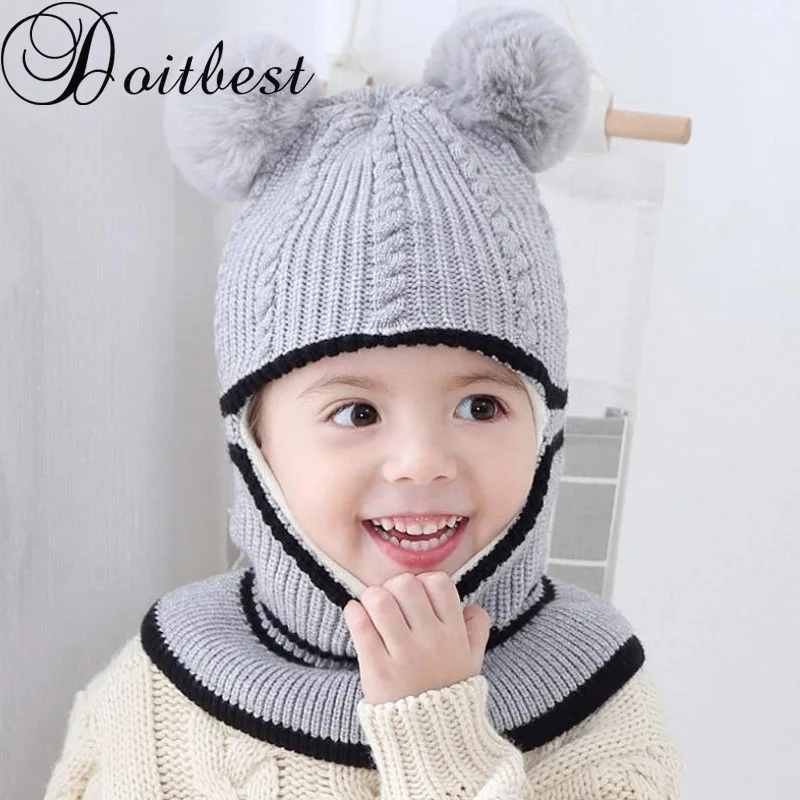 

Doitbest 2-6 Y Winter hat for kids beanies two Fur hairball boys Beanie Child knit hats Protect face neck kid girls Earflap Caps