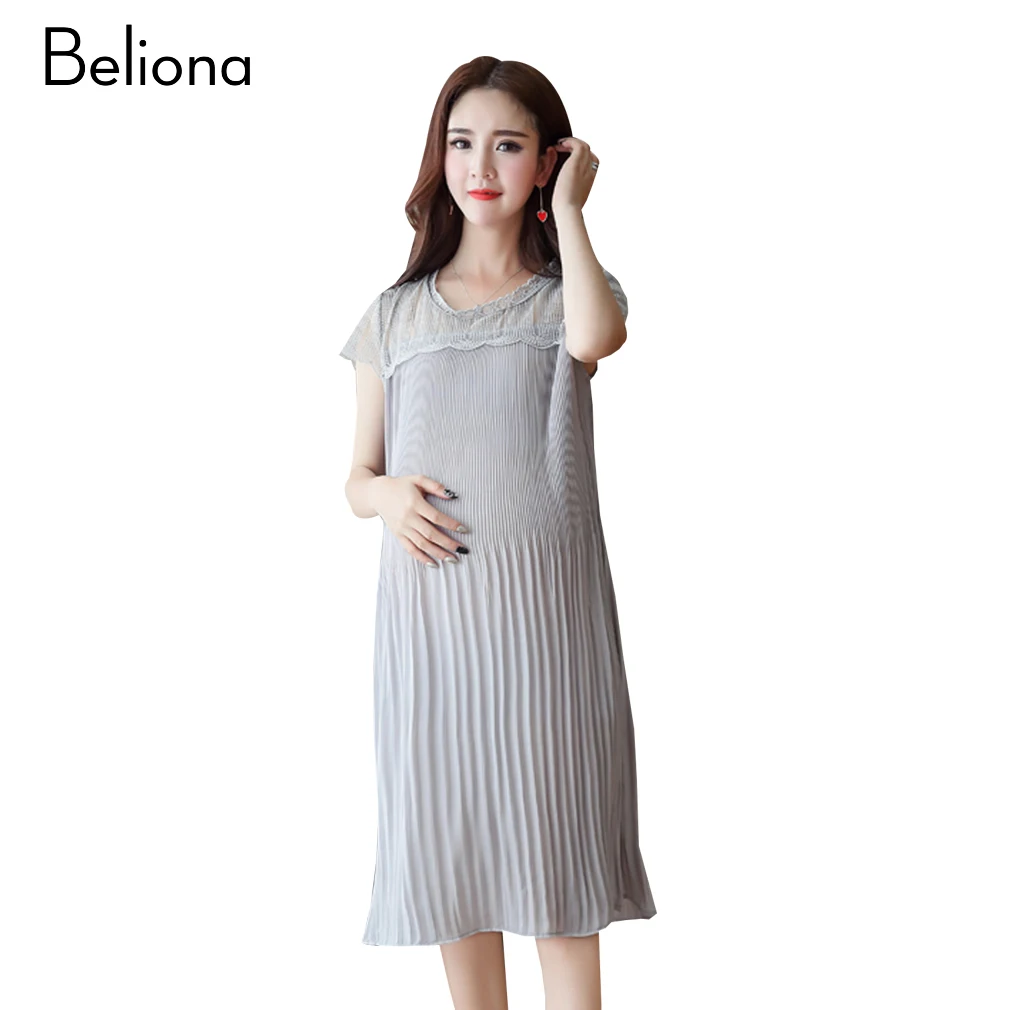 Lace Stitching Chiffon Pleated Maternity Dress Summer Elegant Maternity