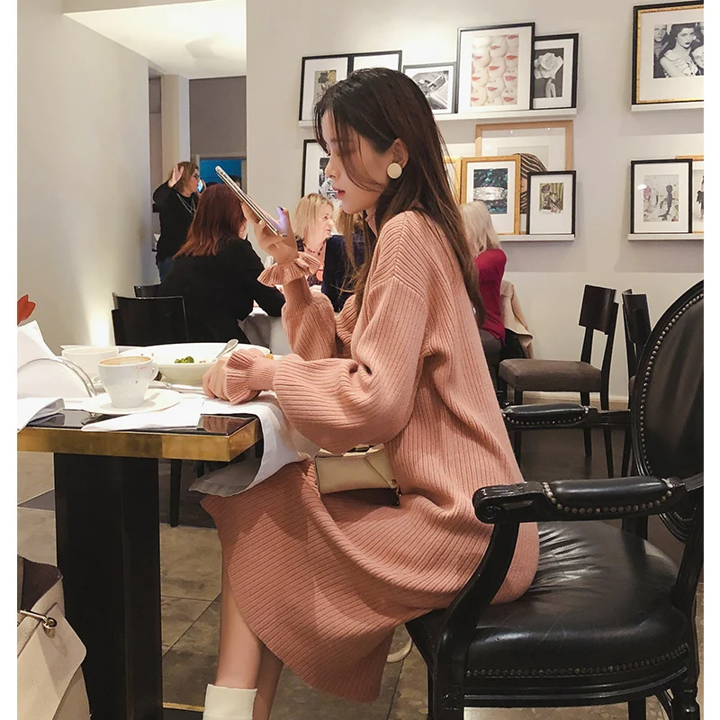 

Red Sweaters Female Autumn and Winter 2019 Korean knitwear Long sleeve women Knitted pullover Dresses Winter new MX18D5713
