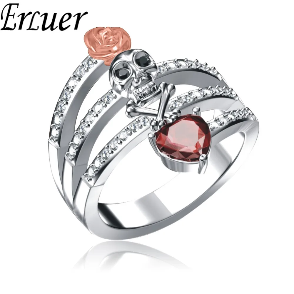 Gothic Skull rings set Finger female wedding For Women Girl Red Heart Crystal CZ Rose Flower