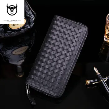 

BULLCAPTAIN classic Sheepskin weave women purse genuine leather long zipper handmade woven lambskin wallets lady long purse