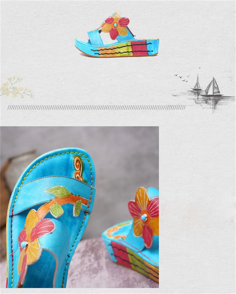 Summer New Flower Women Slippers National Blue Female Platform Shoes First Layer Cowhide Cool Women Wedges Heel Slides Sandals (7)