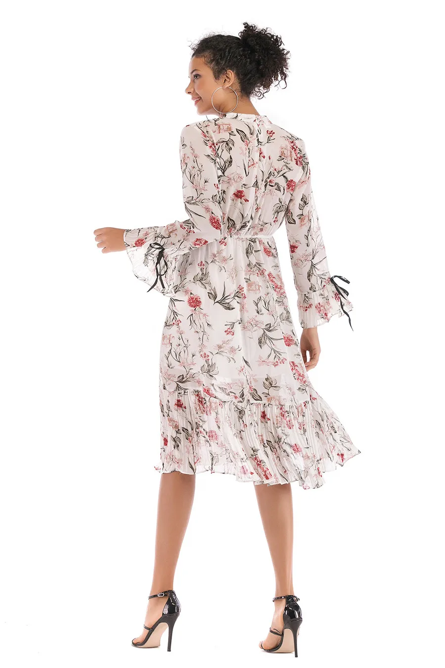 Gladiolus Floral Print Spring Autumn Women Dress 2019 O-Neck Lace Up Flare Sleeve Tunic Chiffon Dress Women Midi Party Dresses (26)