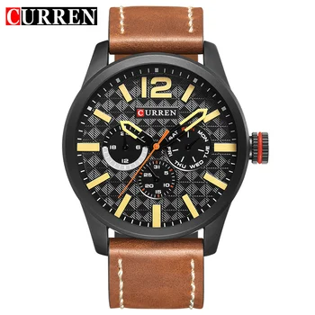 

CURREN Black Quartz Watch Brown Leather Belt Week Month Display Lattice Dial Design Men's Watches Top Brand Luxury Sport Clock