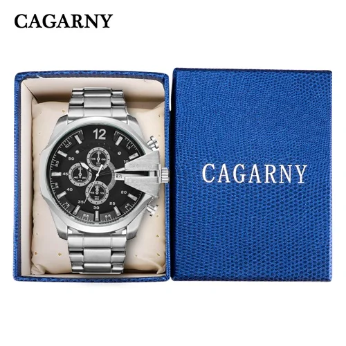 Cagarny для мужчин s часы Топ Элитный бренд для мужчин серебро сталь мужской Кварцевые часы для мужчин водонепроница Relogio Masculino Военная Униформа Montre Homme - Цвет: silver black and box