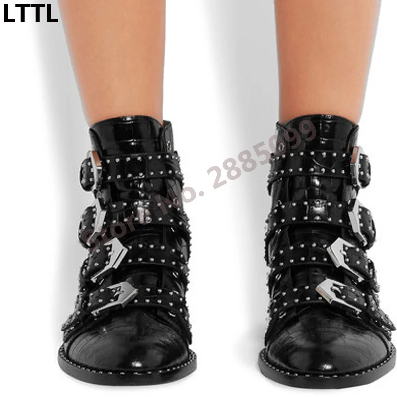 Women Black Studded Multi-Buckle Boots Punk Style Flat Ankle Boots Black Leather Fashion Winter Rivet Boots