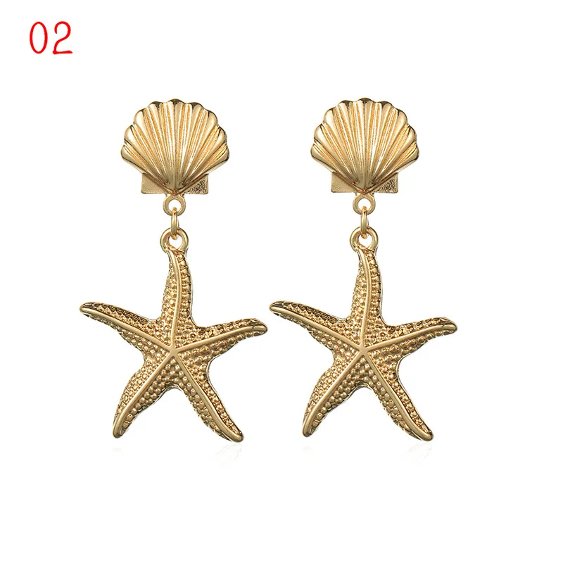 1Pair Summer Retro Fashion Shell Earrings Women Gold Color Geometric Irregular Starfish Conch Statement Jewelry Accessories