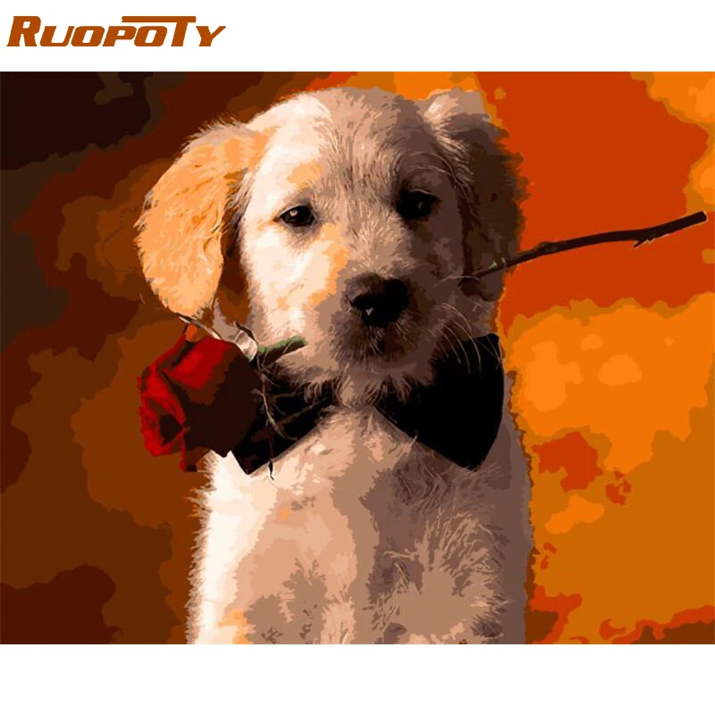 RUOPOTY рамка собака роза Diy масляная краска по номерам животные Настенная картина