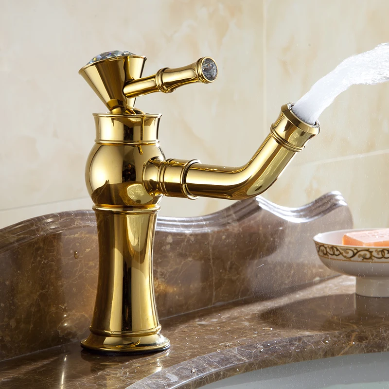 Gold Mixer Bathroom Vanity Sink Basin Taps Long Spout Deck Mounted Brass Faucet 