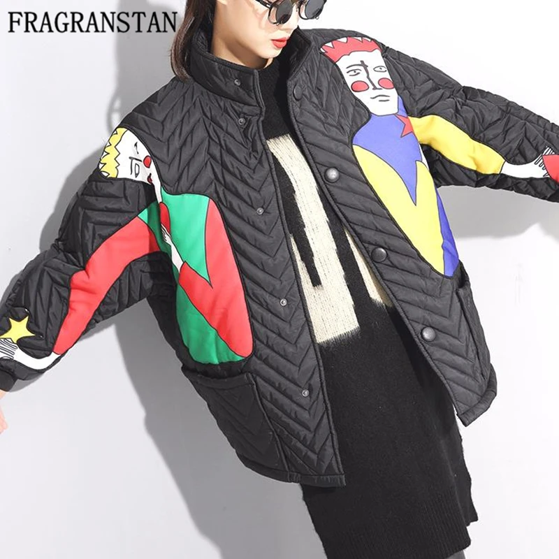 

2018 Ladies Autumn Winter Thicken Keep Warm Parkas Female Cartoon Pattern Patch Designs Stand Collar Pockets Wadded Jackets Q421