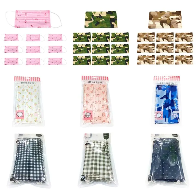 

10Pcs/Set Unisex Anti Dust Disposable Face Mouth Mask Colored Floral Camouflage Plaid Printed Three Layer Spunlace