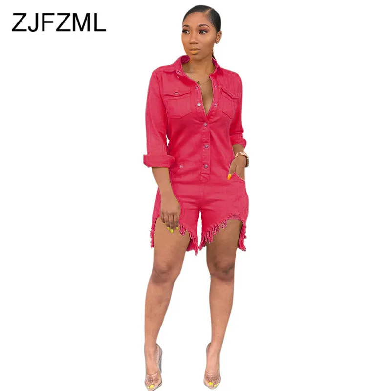 

Plus Size Denim Rompers Womens Jumpsuit Turn Down Collar Full Sleeve One Piece Playsuit Casual Buttons Up Short Beach Bodysuit