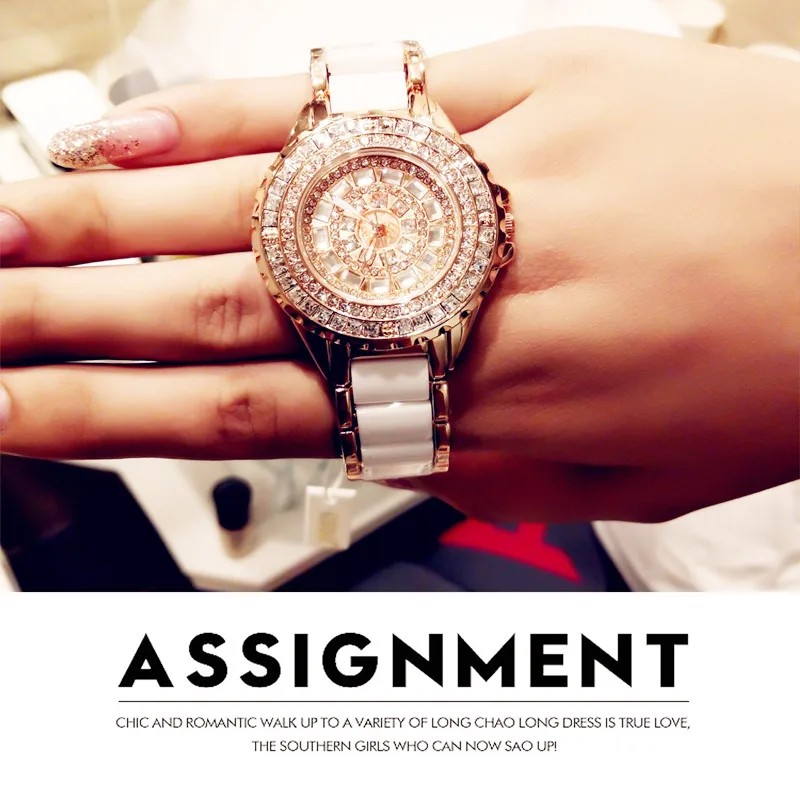 

2019 Rose Gold Ceramic Casual Fashion Ladies Quartz Watch New Hot Sale Full Rhinestone Round Dial Female Watch Fashion & Casual