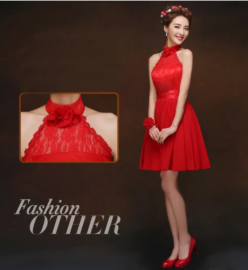 Вечернее платье особых мероприятий короткие красное платье шифон Холтер шеи невесты Элегантные Формальные невесты горничные платья H4235