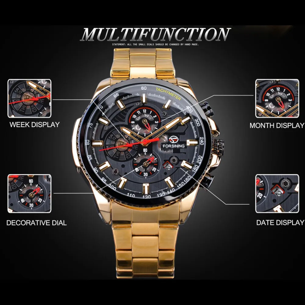 

Watch Men Three Eyes Automatic Mechanical Watch Gold High Quality Vintage Man Watch Mens Mechanical Watch Top Luxury Brand #W