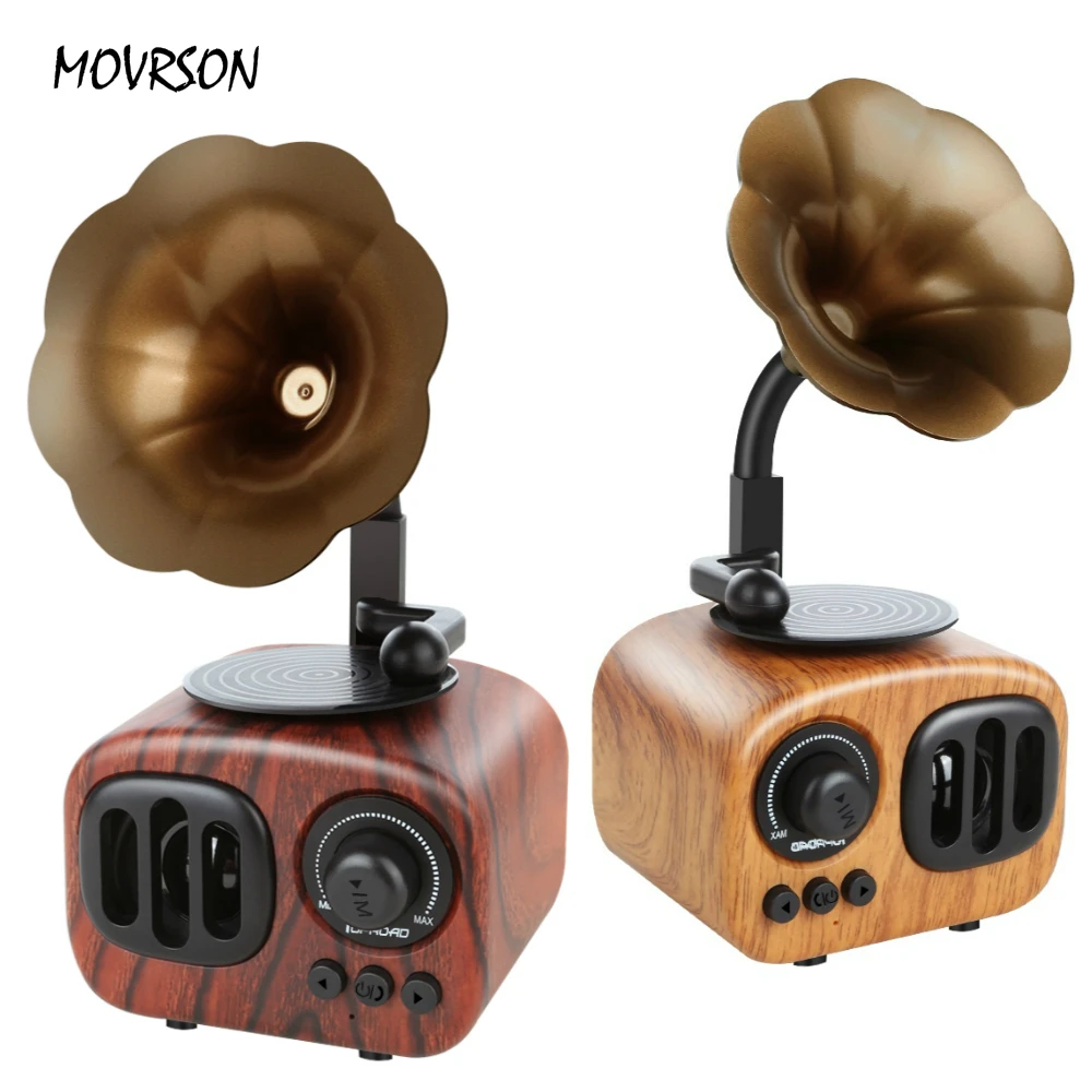 

Retro Gramophone Subwoofer Bluetooth Speaker Wireless FM Radio 3D Surround Sound Music Center System Wooden Speakers with Mic