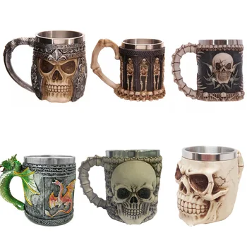 

Skull Mug Resin 3D Skull Tankard Horror Decor mug Dragon Bone Skull Metal Wine Goblet Stainless Steel Double Liner Drinking