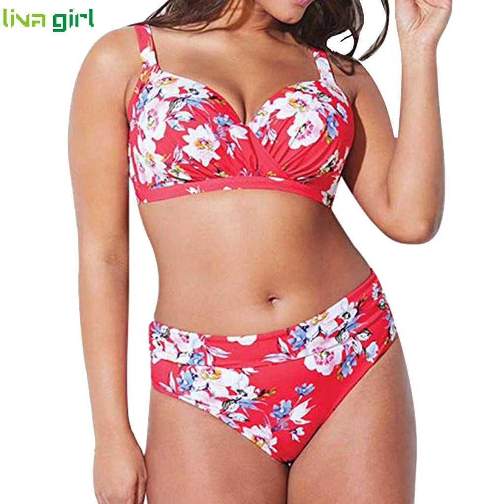 

Liva girl Pink Sexy Plus Size Bikini Women Print Two Piece Padded High Waist Swimwear Maillot De Bain Femme Swim Wear 5XL