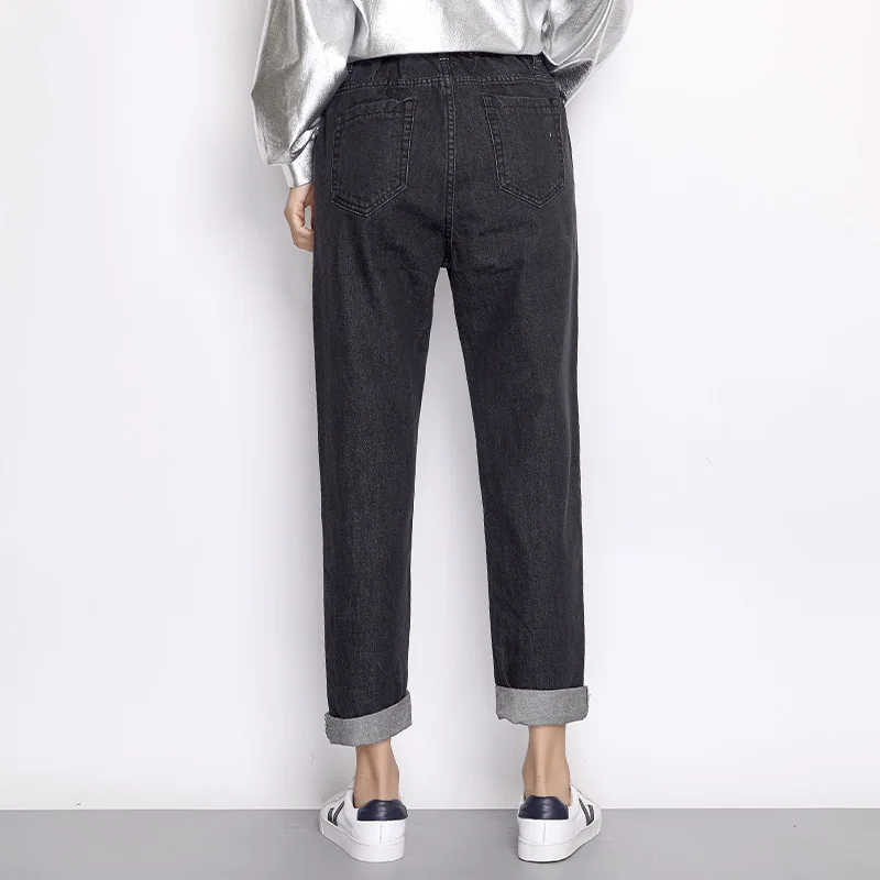 LEIJIJEANS 2018 New Item Autumn Plus Size Light Wash Solid Black Fashion Elastic Waist Full Length Casual Women Harem Jeans 6870