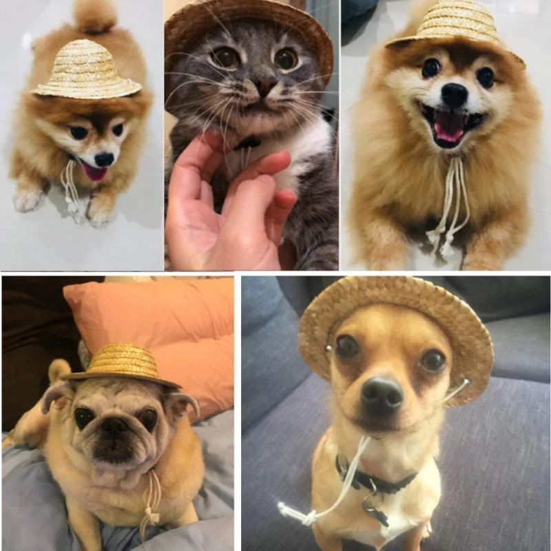 Summer Pet Dog Cat Cool Straw Hat Sun Hats Adjustable Pets Dog Puppy Caps Classic Solid Farmer Hat Pet Accessories