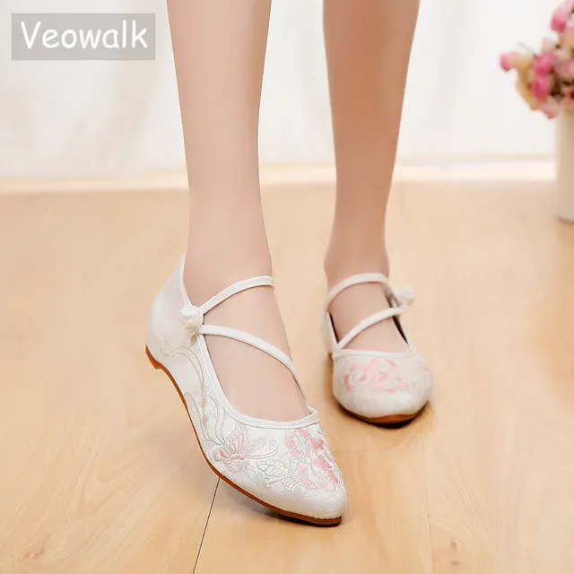 Veowalk Jacquard Cotton Fabric Women Pointed Toe Ballet Flats, Comfortable Casual Embroidered Flat Shoes Ladies Soft Ballerinas 1