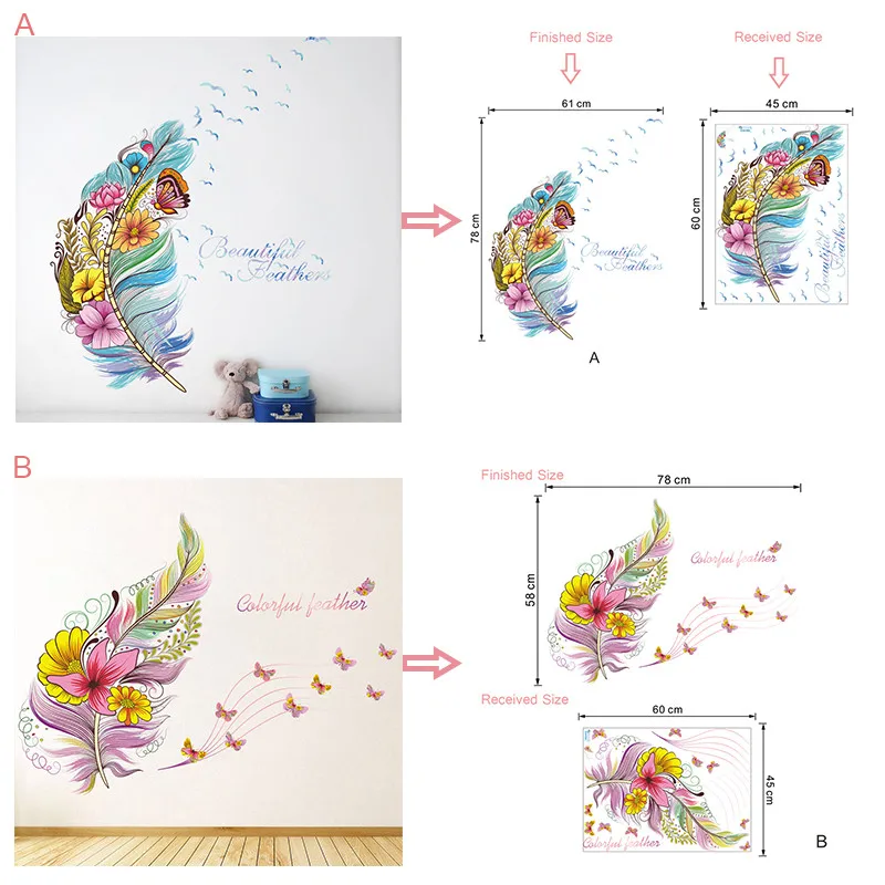 Красочные 3d яркие перья бабочки птицы цветок наклейки на стену украшение дома гостиная ПВХ Наклейки на стены diy Фреска poste