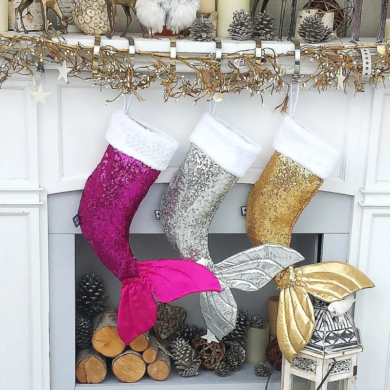 

50x17cm Christmas Stockings Mermaid Socks Holders Gifts Sequins Christmas Tree Decorations New Year Kids Holders Gifts Stocking