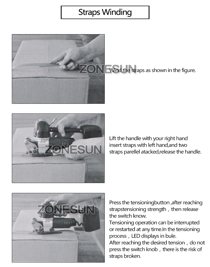 ZONESUN DD19 батарея питание обвязочная машина автоматического натяжения ручной инструмент Strapper Натяжной герметизатор комбинации для PP пэт