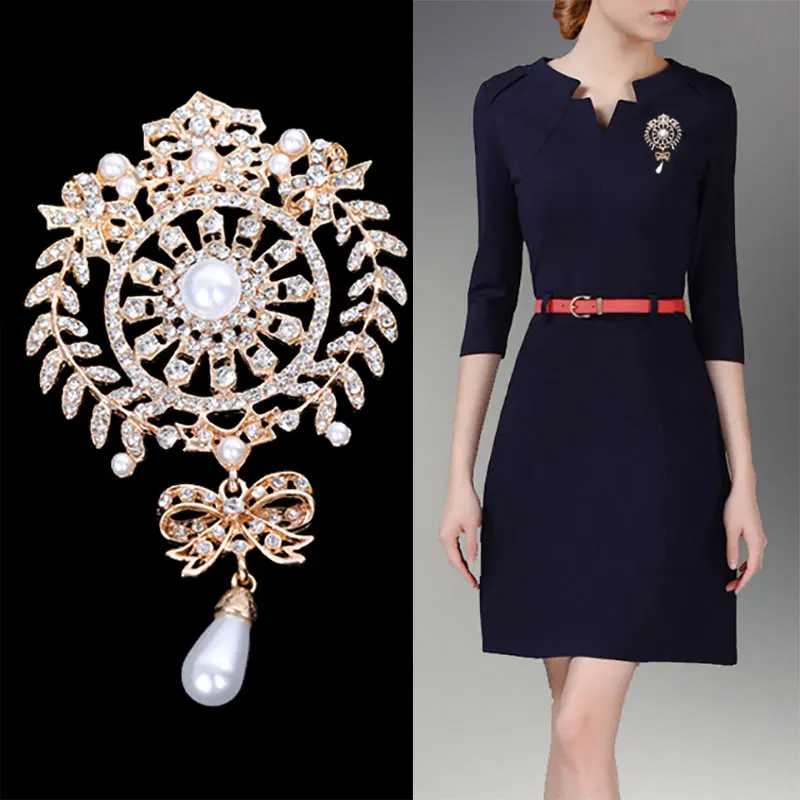 New Fashion Rhinestone Crystal Flower Leaf Brooches Women Trendy Imitation Pearl Bow Dress Coat