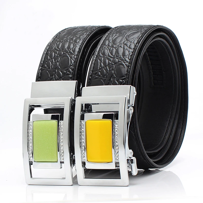 Unisex Men Crocodile Genuine Leather Belt Automatic Ratchet Buckle Belts Business Fashion Casual Youth Waist Strap For Jeans