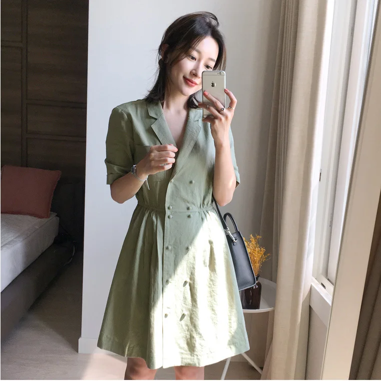 

Button Linen a Line v Neck Dress Green Office Vintage Mini Vestido Casual Gothic Robe Ete 2019 Korean Style Women Ropa De Mujer