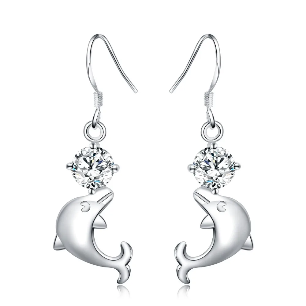 

Wholesale NEW ARRIVE gift silver earring jewelry beauty dolphin white crystal white for women Lady retro wedding best gift E270