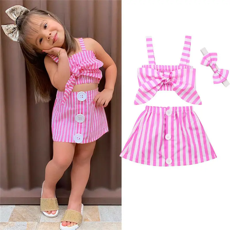 

2019 Summer Toddler Kid Stripe Clothes Set Baby Girls Princess Button Outfit Striped Top+Skirt+Headband Infant Children Set 3pcs