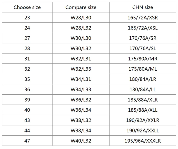 长裤尺码对照表男