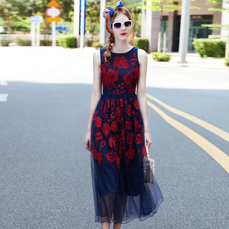 Высокое качество 2017 летний новый впп dress женская рукавов элегантный синий mesh