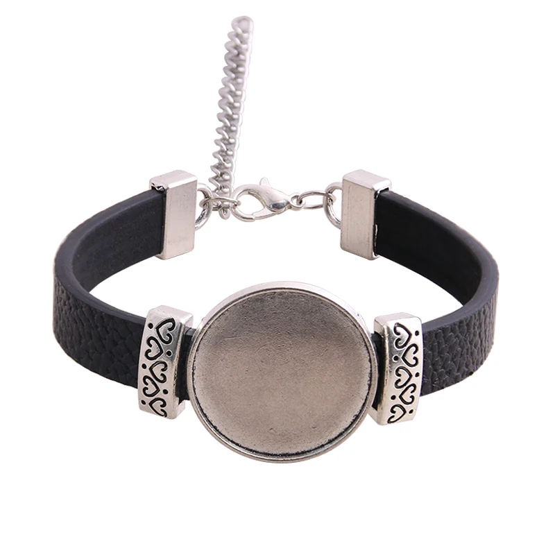

1pcs 6 Color PU Bracelet Silver Heart Base Setting Cuff Blank Trays Brazel Fit 25mm Glass Cameo Dome Cabochon DIY Jewelry