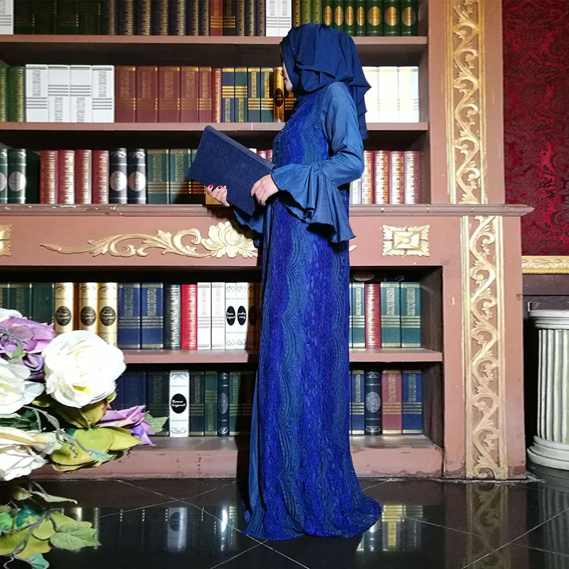 Кружевная вышивка мусульманская черная одежда женщин мусульманских стран для женщин с расклешенными рукавами Дубай Кафтан халат платье