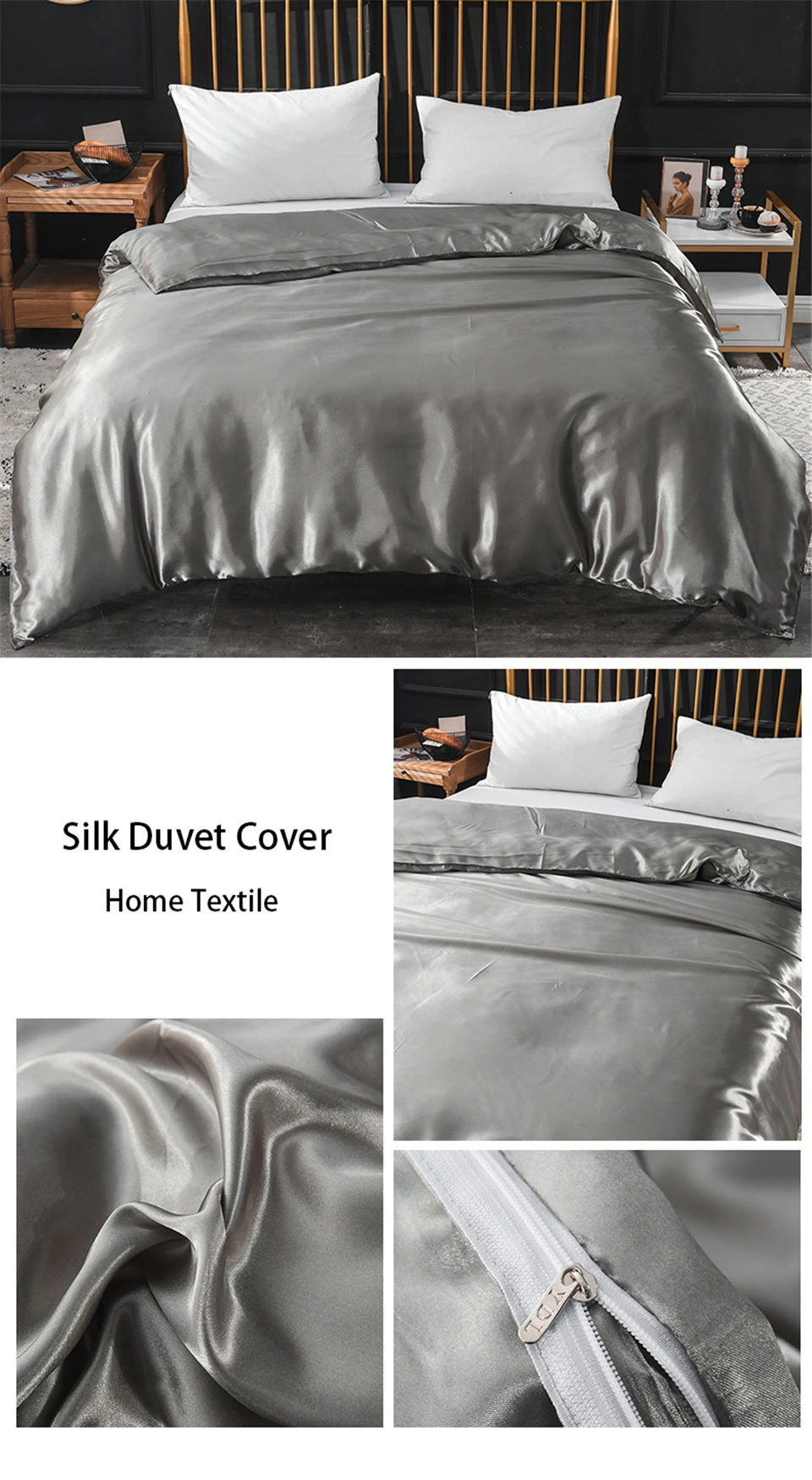 Liv-Esthete New Luxury Satin Silk Gray Bedding Sets Silky 1pcs Duvet Cover Set Bed Set Single Double Queen King Quilt Cover