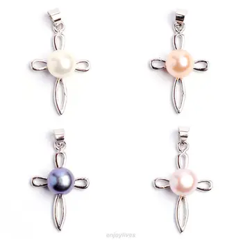 

Free shipping@@@@@ Real Natural 7-8mm Black White Pink Purple Pearl Cross 18KWGP Pendant + Necklace