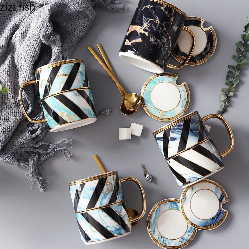 

Simple Creative ceramics Marble Mug coffee milk tea Water cup Golden handle With lid With a spoon tazas de ceramica creativas