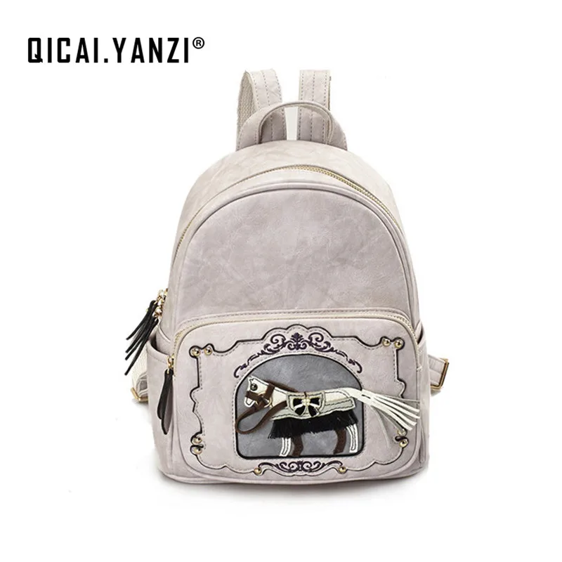 QICAI YANZI High Quality Ladies Cute Horse Leather Backpacks School Bags for Girls Bagpacks Mujer Bolsa