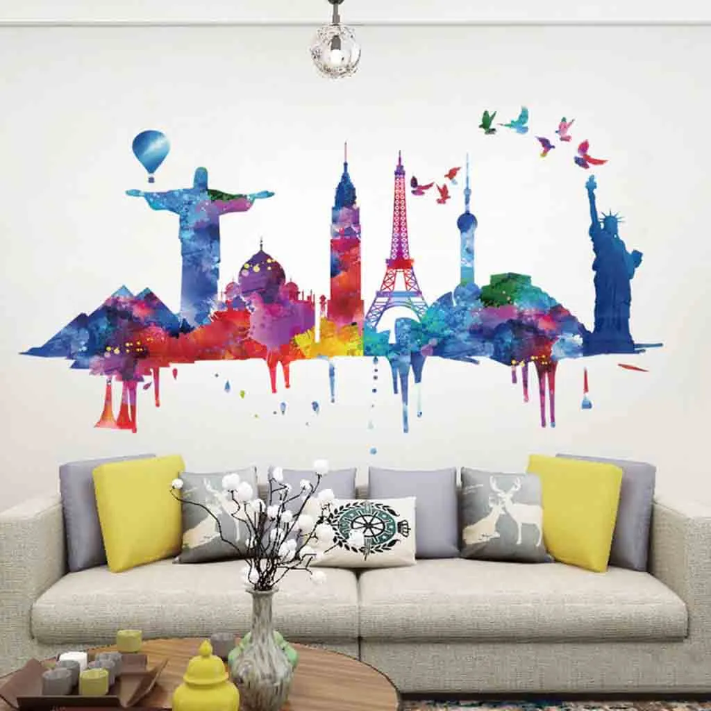 

Colorful Painting Wallpaper World Famous Attractions Wall Sticker Removable Wall Art Stickers Vinyl Decals For Kids Bedroom #45