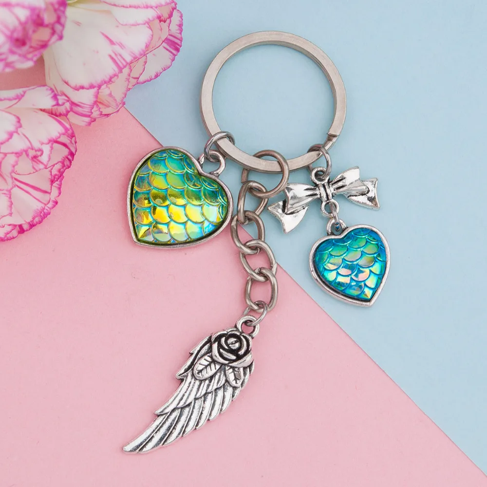 

Doreen Box Zinc Based Alloy Silver Color AB Color Key Chain Mermaid Dragon Scale Cabochon Wing Pendant Fashion Jewelry,1PC