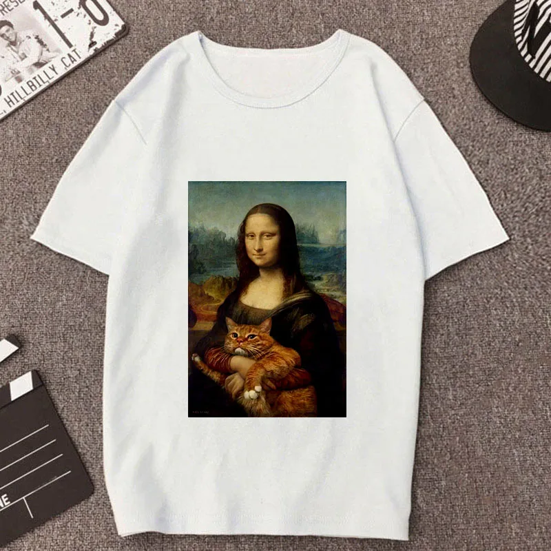 Женская футболка в стиле Харадзюку Mona Lisa белая с тонким разрезом лето